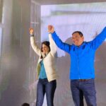 Correismo's presidential candidate Luisa González (left) and her running mate Andrés Arauz (right) celebrate after the first round of the presidential elections in Ecuador, August 20, 2023. Photo: X/@LuisaGonzalezEc.