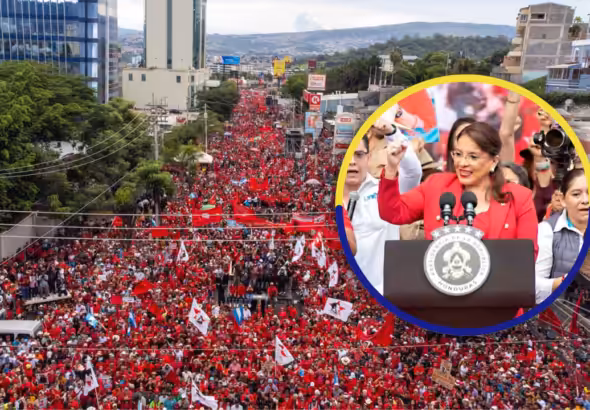 Photo composition showing the massive public mobilization in support of President Xiomara Castro—seen in a circular frame giving her speech—in Tegucigalpa on Tuesday, August 29, 2023. Photo: HCH.tv.