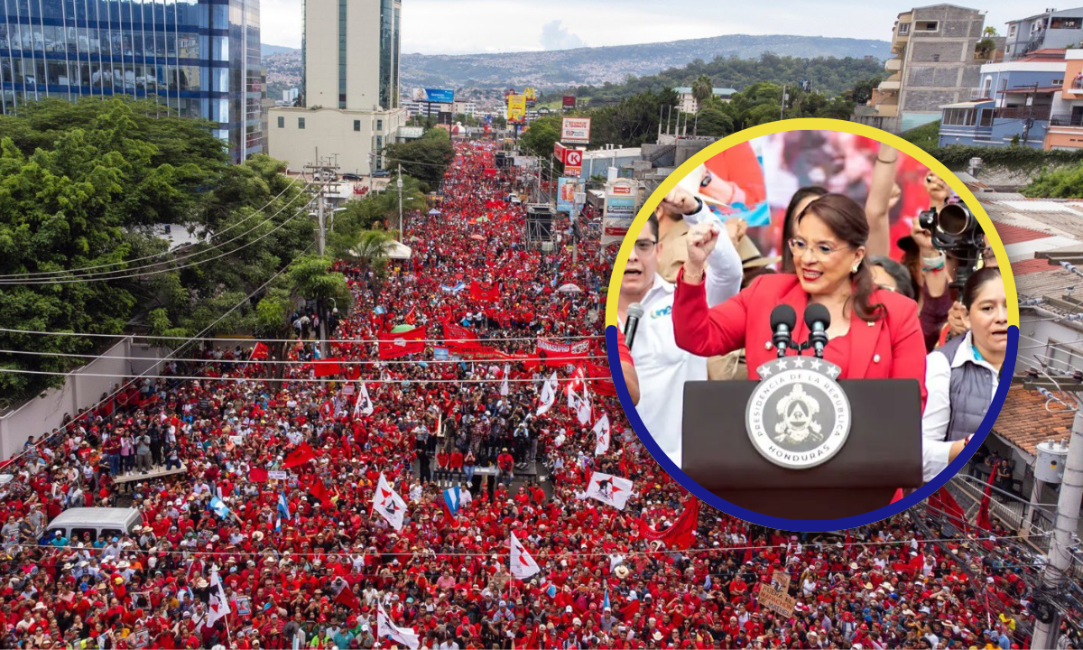 Photo composition showing the massive public mobilization in support of President Xiomara Castro—seen in a circular frame giving her speech—in Tegucigalpa on Tuesday, August 29, 2023. Photo: HCH.tv.
