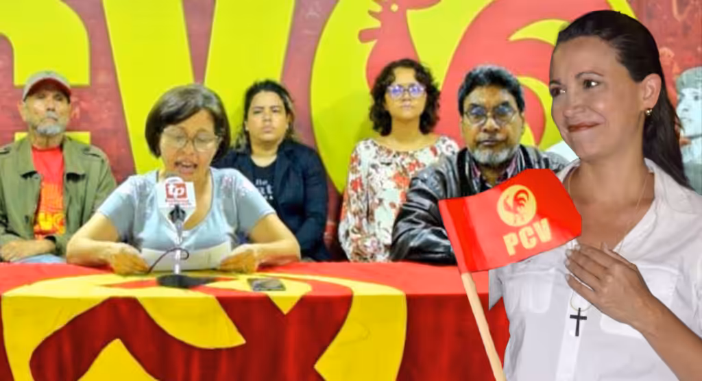Photo composition showing PCV leadership questioning the attacks on the far-right politicians that requested US military invasions and illegal sanctions, next to an image of opposition primaries pre-candidate María Corina Machado with a thankful expression next to a PCV hand flag. Photo: Orinoco Tribune.