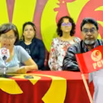 Photo composition showing PCV leadership questioning the attacks on the far-right politicians that requested US military invasions and illegal sanctions, next to an image of opposition primaries pre-candidate María Corina Machado with a thankful expression next to a PCV hand flag. Photo: Orinoco Tribune.