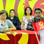 Photo composition showing PCV leadership questioning the attacks on the far-right politicians that requested US military invasions and illegal sanctions, next to an image of opposition primaries pre-candidate María Corina Machado with a thankful expression next to a PCV hand flag. Photo: Orinoco Tribune.