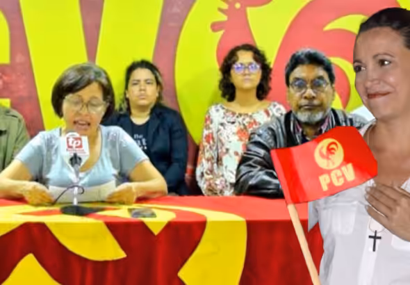 Photo composition showing PCV leadership questioning the attacks on the far-right politicians that requested US military invasions and illegal sanctions, next to an image of opposition primaries pre-candidate María Corina Machado with a thankful expression next to a PCV hand flag. Photo: Orinoco Tribune.