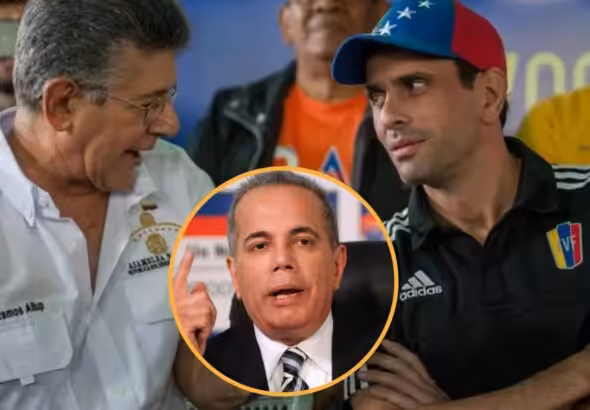 Photo composition showing Henry Ramos Allup (left) speaking with Henrique Capriles (right) and a circle frame with the face of Manuel Rosales. Photo: Orinoco Tribune.