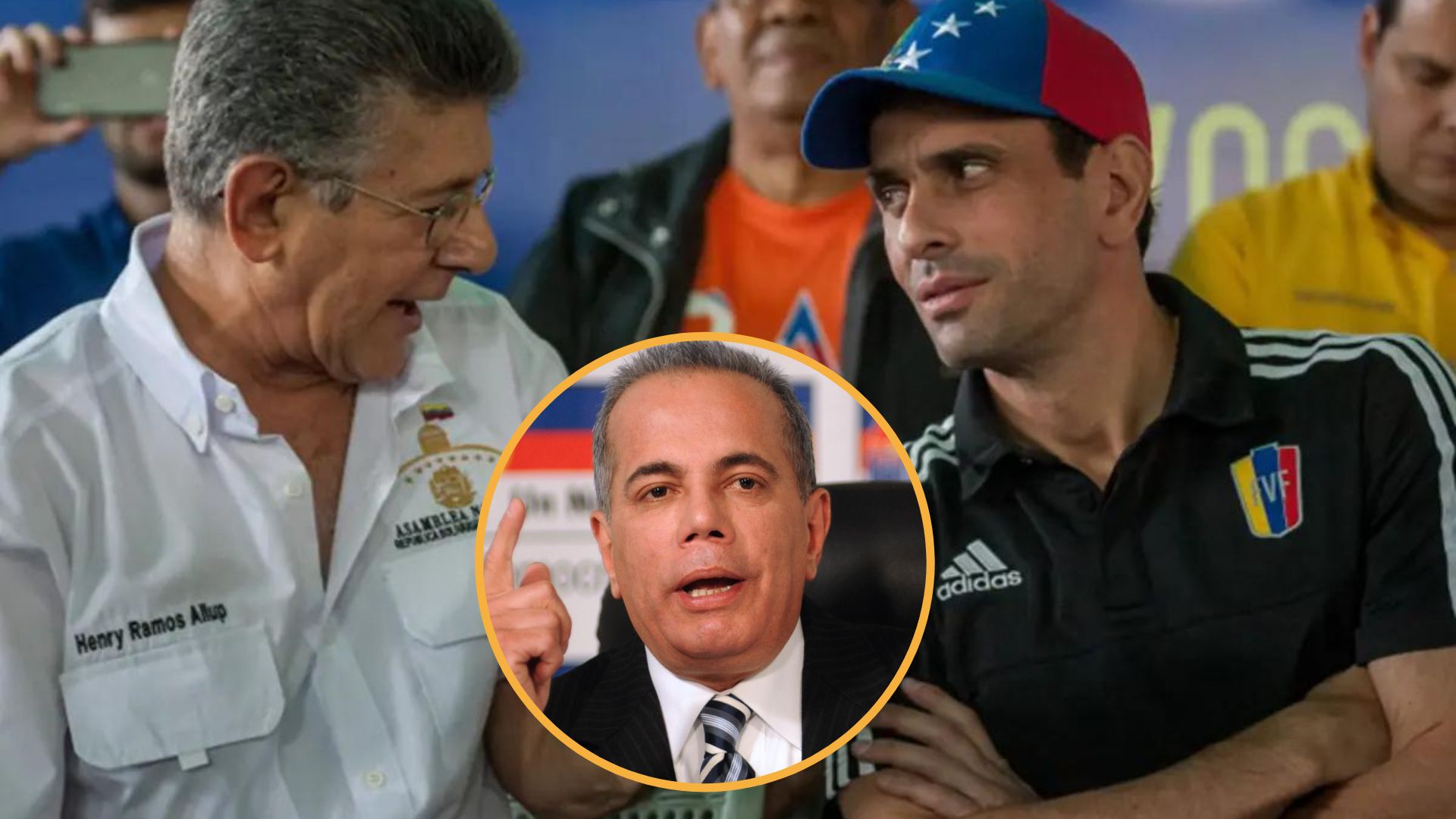 Photo composition showing Henry Ramos Allup (left) speaking with Henrique Capriles (right) and a circle frame with the face of Manuel Rosales. Photo: Orinoco Tribune.