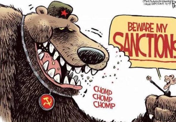Political cartoon about US sanctions on Russia titled 'Taming the Bear,' March 18, 2014. Photo: Rick McKee.