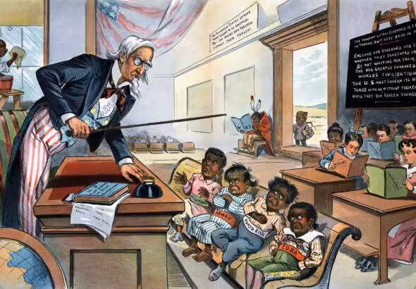 School Begins: Uncle Sam (to his new class in civilization).- Now, children, you've got to learn these lessons whether you want to or not! But just take a look at the class ahead of you, and remember that, in a little while, you will feel as glad to be here as they are!. Photo: Wikipedia.