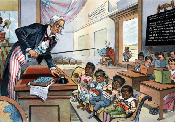 School Begins: Uncle Sam (to his new class in civilization).- Now, children, you've got to learn these lessons whether you want to or not! But just take a look at the class ahead of you, and remember that, in a little while, you will feel as glad to be here as they are!. Photo: Wikipedia.