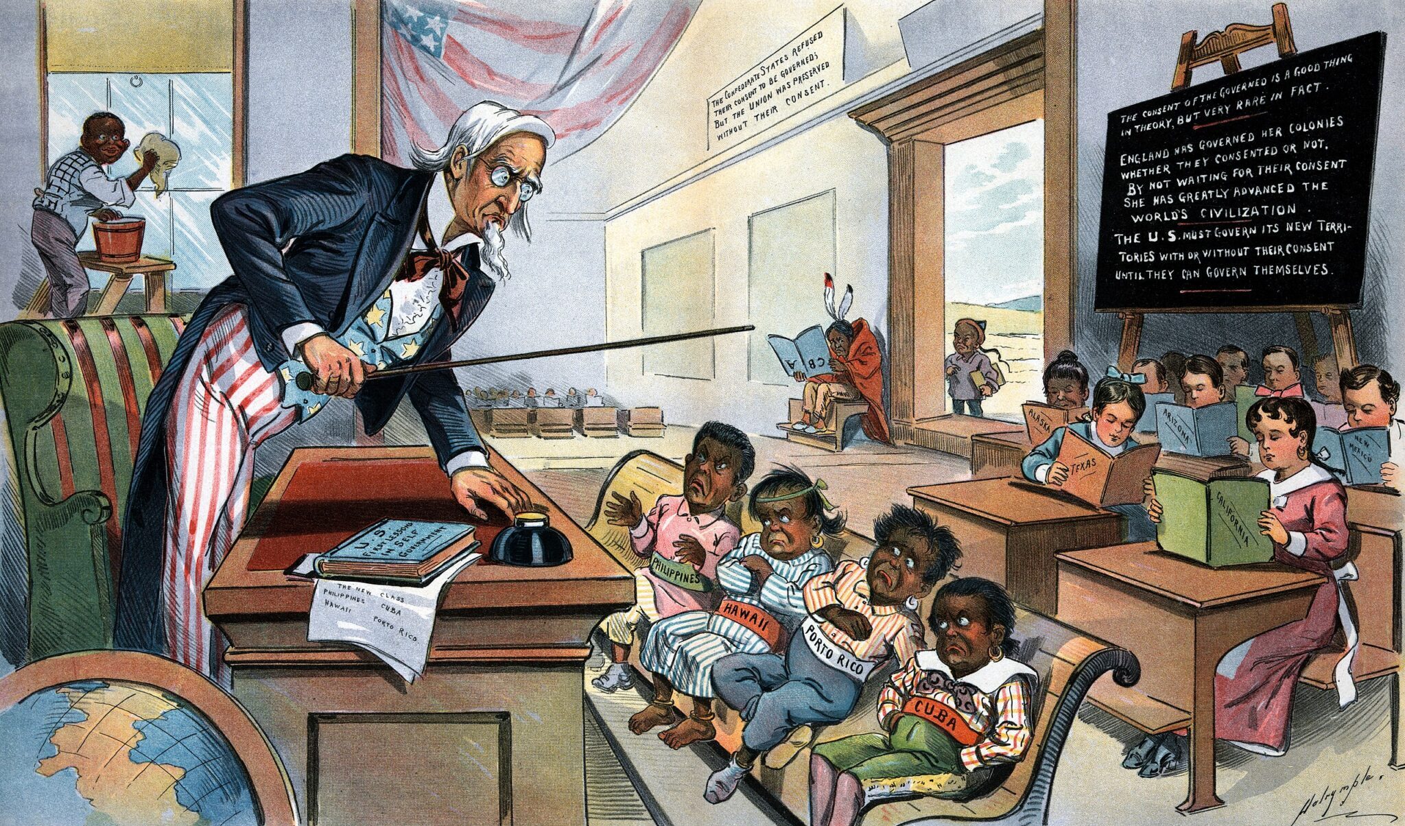 School Begins: Uncle Sam (to his new class in civilization).- Now, children, you've got to learn these lessons whether you want to or not! But just take a look at the class ahead of you, and remember that, in a little while, you will feel as glad to be here as they are!. Photo: Wikipedia.
