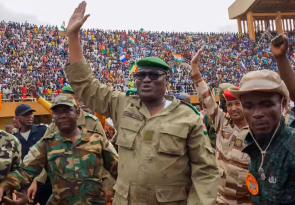 Leaders of the National Council for the Safeguard of the Homeland, Niger's ruling military junta, at a rally on August 6. Photo: Balima Boureima/Anadolu Agency.