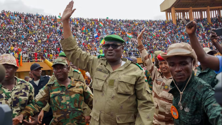 Leaders of the National Council for the Safeguard of the Homeland, Niger's ruling military junta, at a rally on August 6. Photo: Balima Boureima/Anadolu Agency.