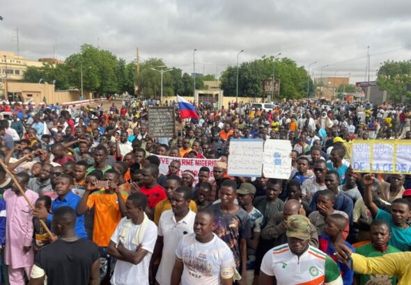 Supporters of Niger's ruling junta, gather for a protest called to fight for the country's freedom and push back against foreign interference, in Niamey, Niger, Thursday, Aug 3, 2023. The march falls on the West African nation's independence day from its former colonial ruler, France, and as anti-French sentiment spikes, more than one week after soldiers ousted the country's "democratically" elected president. Photo: Sam Mednick/AP Photo.