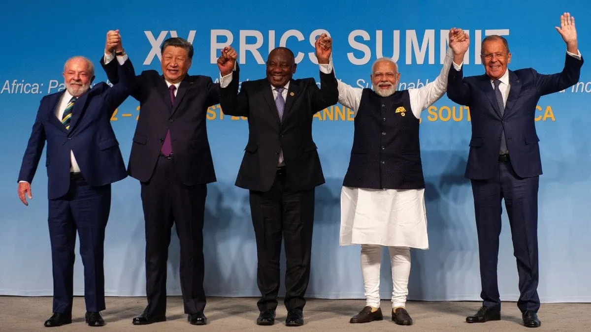 Summit photocall: From left, President Luiz Inacio Lula da Silva of Brazil; Chinese President Xi Jinping; South African President Cyril Ramaphosa; Prime Minister Narendra Modi of India; and Russian Foreign Minister Sergei Lavrov. Photo: AFP.
