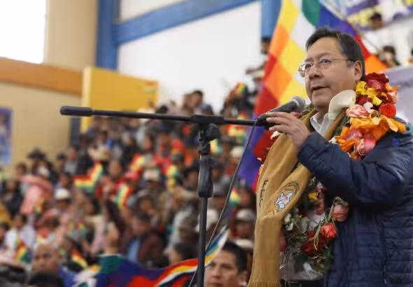 Bolivian President Luis Arce addressing the participants of the third meeting of the Trade Union Confederation of Indigenous Intercultural Communities of Bolivia (CSCIOB) in Sucre, Bolivia, on Saturday, August 12, 2023. Photo: Abi.bo.