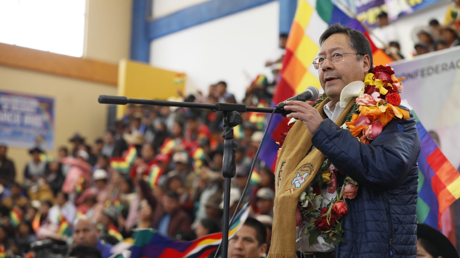 Bolivian President Luis Arce addressing the participants of the third meeting of the Trade Union Confederation of Indigenous Intercultural Communities of Bolivia (CSCIOB) in Sucre, Bolivia, on Saturday, August 12, 2023. Photo: Abi.bo.