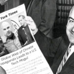 Senator Joseph R. McCarthy (Wikimedia Commons via WYNC) holding mockup of recent NYTimes article / Jodie Evans by CodePink / Neville Roy Singham by Jake Ratner (Facebook) / Vijay Prashad at People’s Forum by People’s Dispatch (video screenshot). Photo: Communist Party USA/File photo.