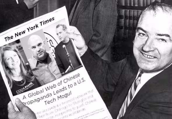 Senator Joseph R. McCarthy (Wikimedia Commons via WYNC) holding mockup of recent NYTimes article / Jodie Evans by CodePink / Neville Roy Singham by Jake Ratner (Facebook) / Vijay Prashad at People’s Forum by People’s Dispatch (video screenshot). Photo: Communist Party USA/File photo.