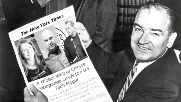 Senator Joseph R. McCarthy (Wikimedia Commons via WYNC) holding mockup of recent NYTimes article / Jodie Evans by CodePink / Neville Roy Singham by Jake Ratner (Facebook) / Vijay Prashad at People’s Forum by People’s Dispatch (video screenshot). Photo: Communist Party USA/File photo.