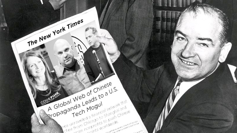 Senator Joseph R. McCarthy (Wikimedia Commons via WYNC) holding mockup of recent NYTimes article / Jodie Evans by CodePink / Neville Roy Singham by Jake Ratner (Facebook) / Vijay Prashad at People’s Forum by People’s Dispatch (video screenshot). Photo: Communist Party USA/File photo.