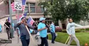 A club-wielding Brigade N’Hamedu mob in Seattle/Tacoma, August 5. Photo: The Grayzone.