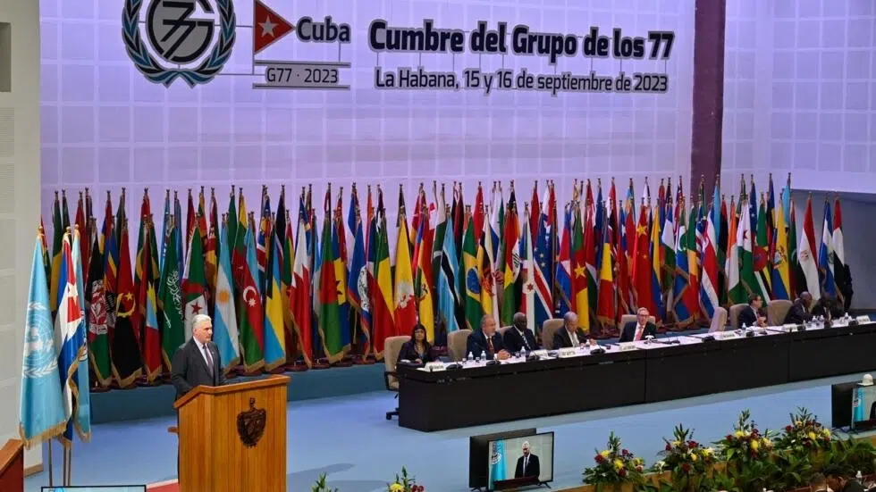 Cuban President Miguel Diaz Canel (left) speaks during the inaugural session of the G77+China Summit at the Convention Palace in Havana on September 15, 2023. Photo: Adalberto Roque, AFP.