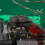 Photo composition showing a barbed wire, a tank, the Zionist apartheid wall and Israeli occupation soldiers over a green background. Photo: Al-Mayadeen.