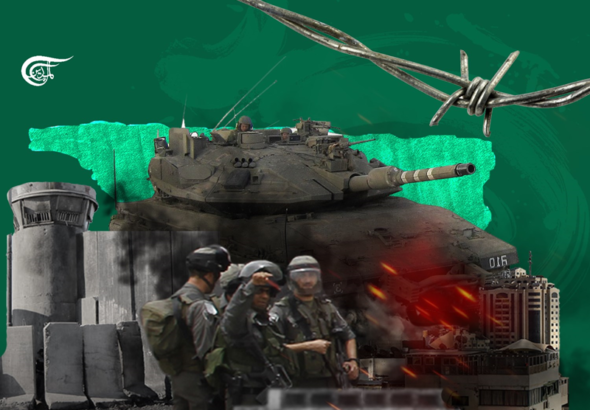 Photo composition showing a barbed wire, a tank, the Zionist apartheid wall and Israeli occupation soldiers over a green background. Photo: Al-Mayadeen.
