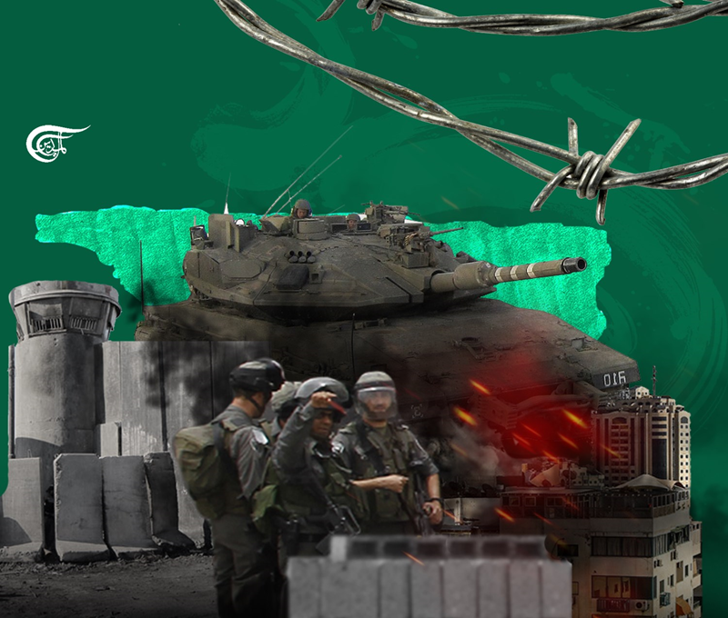 Photo composition showing a barbed wire, a tank, the Zionist apartheid wall and Israeli occupation soldiers over a green background. Photo: Al-Mayadeen.