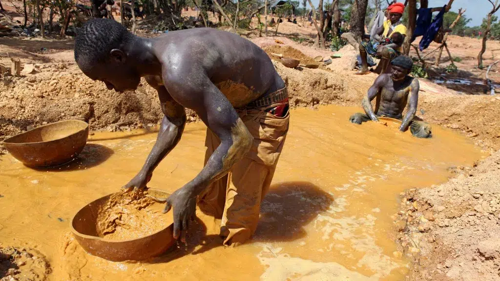 A gold miner pans for gold in Koflatie, Mali, on October 28, 2014, a mine located a few miles from the border with its southwestern neighbor Guinea. Photo: Sebastien Rieussec/AFP.