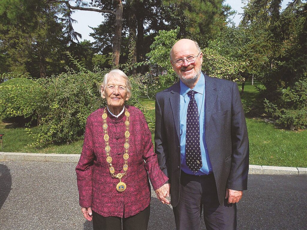 Isabel Crook and her son Carl are pictured on Sept 29, 2019, after she received the Friendship Medal of China, in Beijing. Photo: Embassy of the People's Republic of China in Canada.