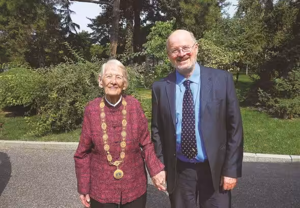 Isabel Crook and her son Carl are pictured on Sept 29, 2019, after she received the Friendship Medal of China, in Beijing. Photo: Embassy of the People's Republic of China in Canada.
