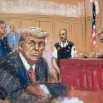 Jane Rosenberg's courtroom sketch of Donald Trump on April 4, 2023 (all images courtesy the artist).