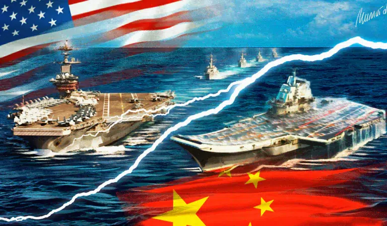 Photo composition showing a US sea carrier next to a US flag (left) and a Chinese sea carrier next to the Chinese flag (right). Photo: New Eastern Outlook.