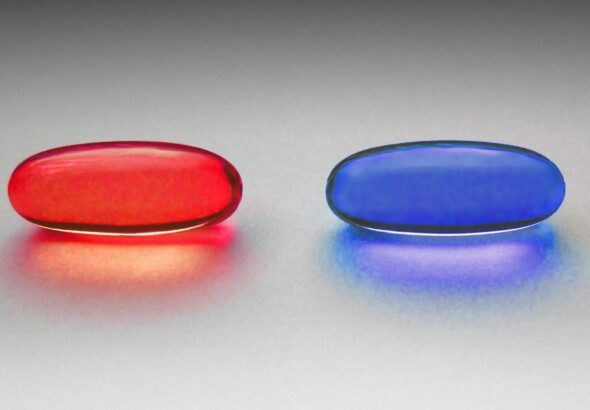 A depiction of a red and a blue pill like those of The Matrix. Photo: W.carter/Wikimedia.