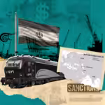 Compilation image featuring the Iranian flag, a train and a map of the International North–South Transport Corridor (INSTC). Photo: Mahi Rtail.