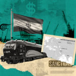 Compilation image featuring the Iranian flag, a train and a map of the International North–South Transport Corridor (INSTC). Photo: Mahi Rtail.
