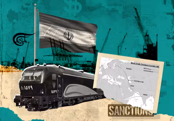 Compilation image featuring the Iranian flag, a train and a map of the International North–South Transport Corridor (INSTC). Photo: Mahi Rtail.