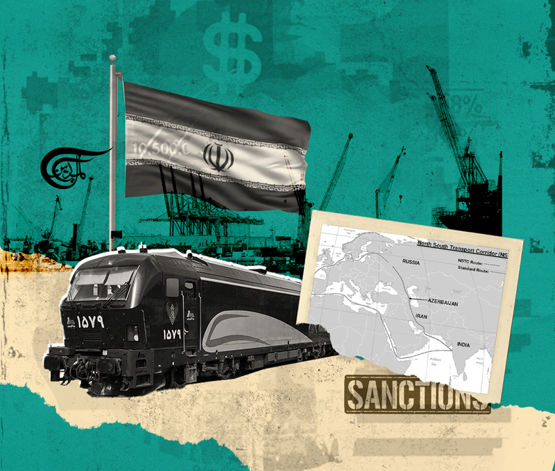 Compilation image featuring the Iranian flag, a train and a map of the International North–South Transport Corridor (INSTC). Photo: Mahi Rtail.