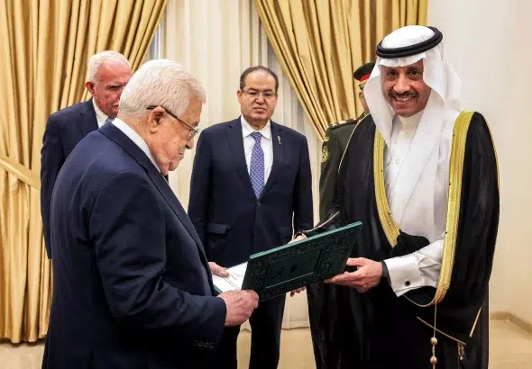Palestinian President Mahmud Abbas (left) receiving the credentials of Nayef al-Sudairi(right), Saudi Arabia's non-resident ambassador to Palestine. Photo: Thaer Ghanaim/PPO/AFP.