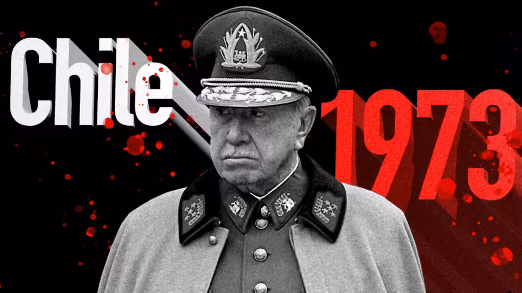 Photo composition with Chilean dictator Augusto Pinochet wearing military uniform and "Chile, 1973" caption in the background. Photo: RT News.