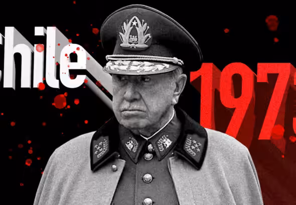 Photo composition with Chilean dictator Augusto Pinochet wearing military uniform and "Chile, 1973" caption in the background. Photo: RT News.