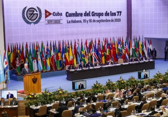 Cuban President Miguel Diaz-Canel during his opening remarks at the first ay of the G77+China Summit held in Havana, Cuba from September 15 to 16, 2023. Photo: Esteban Collazo/Telam.