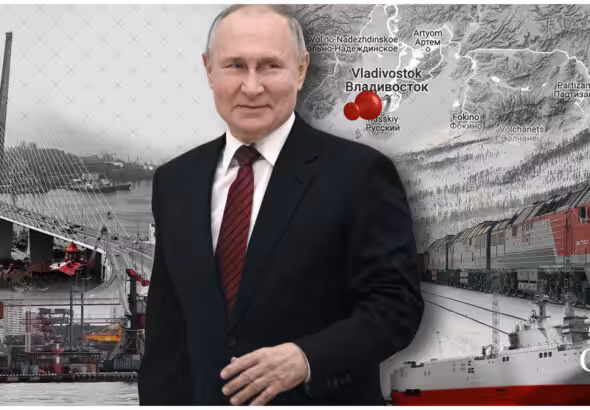 Image with President Vladimir Putin (Center) over various forms of public infrastructure. Photo: the Cradle.
