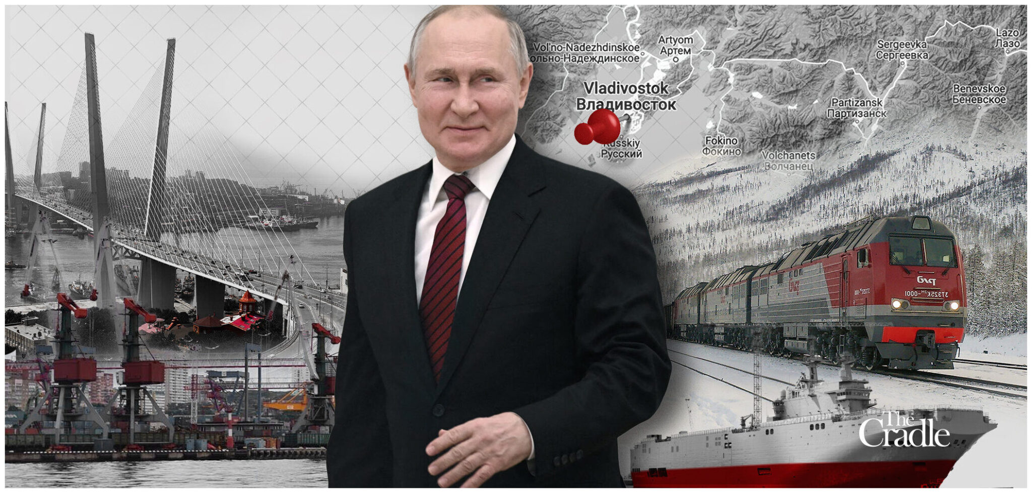 Image with President Vladimir Putin (Center) over various forms of public infrastructure. Photo: the Cradle.