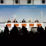 South African President Cyril Ramaphosa (Center) delivers the XV BRICS summit declaration flanked by from (Left) President of Brazil Luiz Inacio Lula da Silva, President of China Xi Jinping, Prime Minister of India Narendra Modi and Russia’s Foreign Minister Sergei Lavrov, in Johannesburg, South Africa, Thursday, Aug. 24, 2023. Photo: Themba Hadebe/AP.