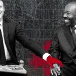 Photo composition showing Emmanuel Macron (left) with his hand placed and filled with blood on the hand of Alí Bongo (right). Photo: MintPress News.