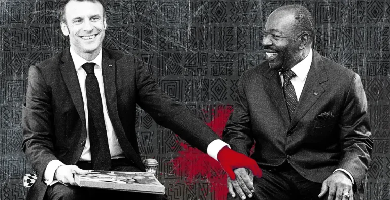 Photo composition showing Emmanuel Macron (left) with his hand placed and filled with blood on the hand of Alí Bongo (right). Photo: MintPress News.