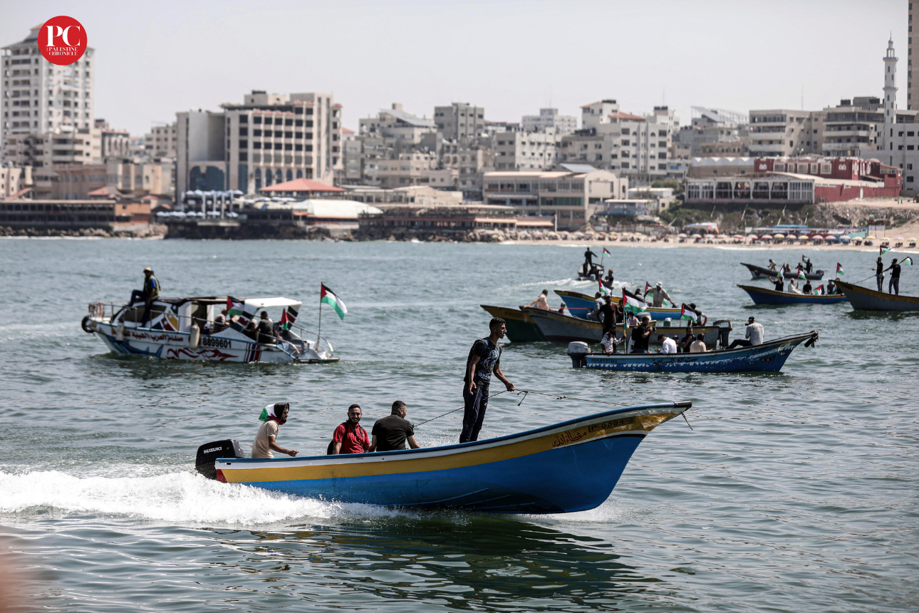 Palestinians take to the sea, to protest the Israeli siege as part of an international campaign. Photo: Mahmoud Ajjour, The Palestine Chronicle.