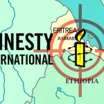 A graphic depicts a target aimed at Eritrea, with the Amnesty International logo placed within the crosshairs. Photo: The Grayzone.