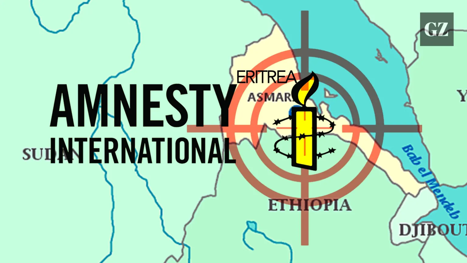 A graphic depicts a target aimed at Eritrea, with the Amnesty International logo placed within the crosshairs. Photo: The Grayzone.